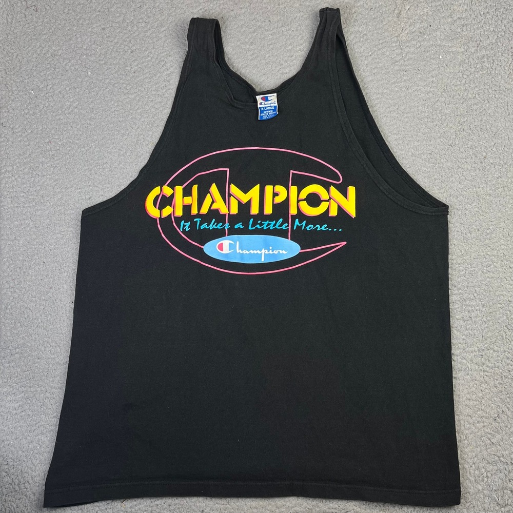 Champion Tank Top Mens XL Black Vintage 90s Neon Graphic Made in USA